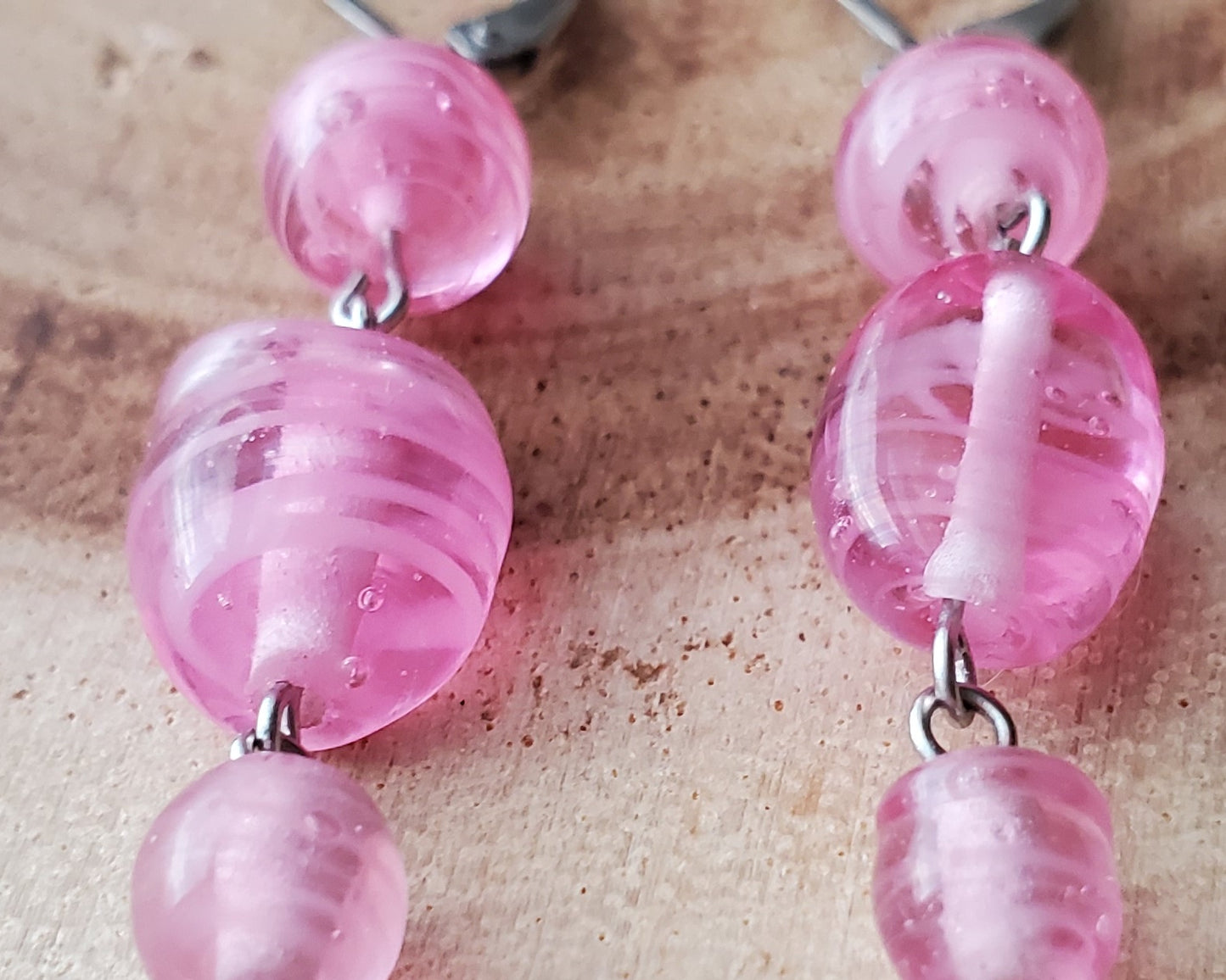 Long Eco Vintage Rose Pink Swirl Glass Dangle Earrings-Stainless Steel