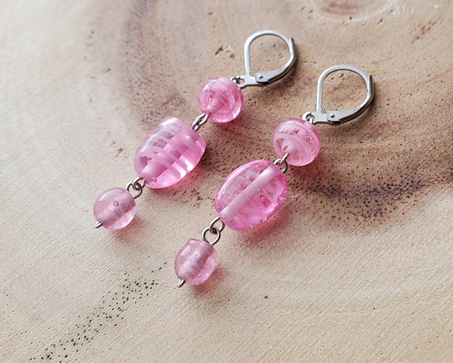 Long Vintage Rose Pink Swirl Glass Dangle Earrings