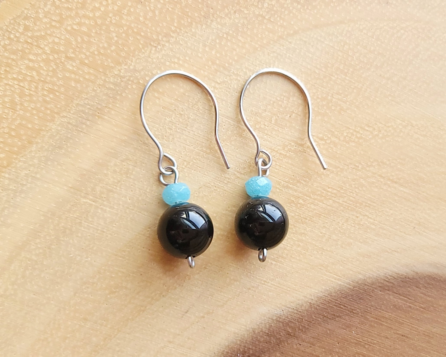 Black Onyx Blue Quartz Dangle Earrings-Stainless Steel