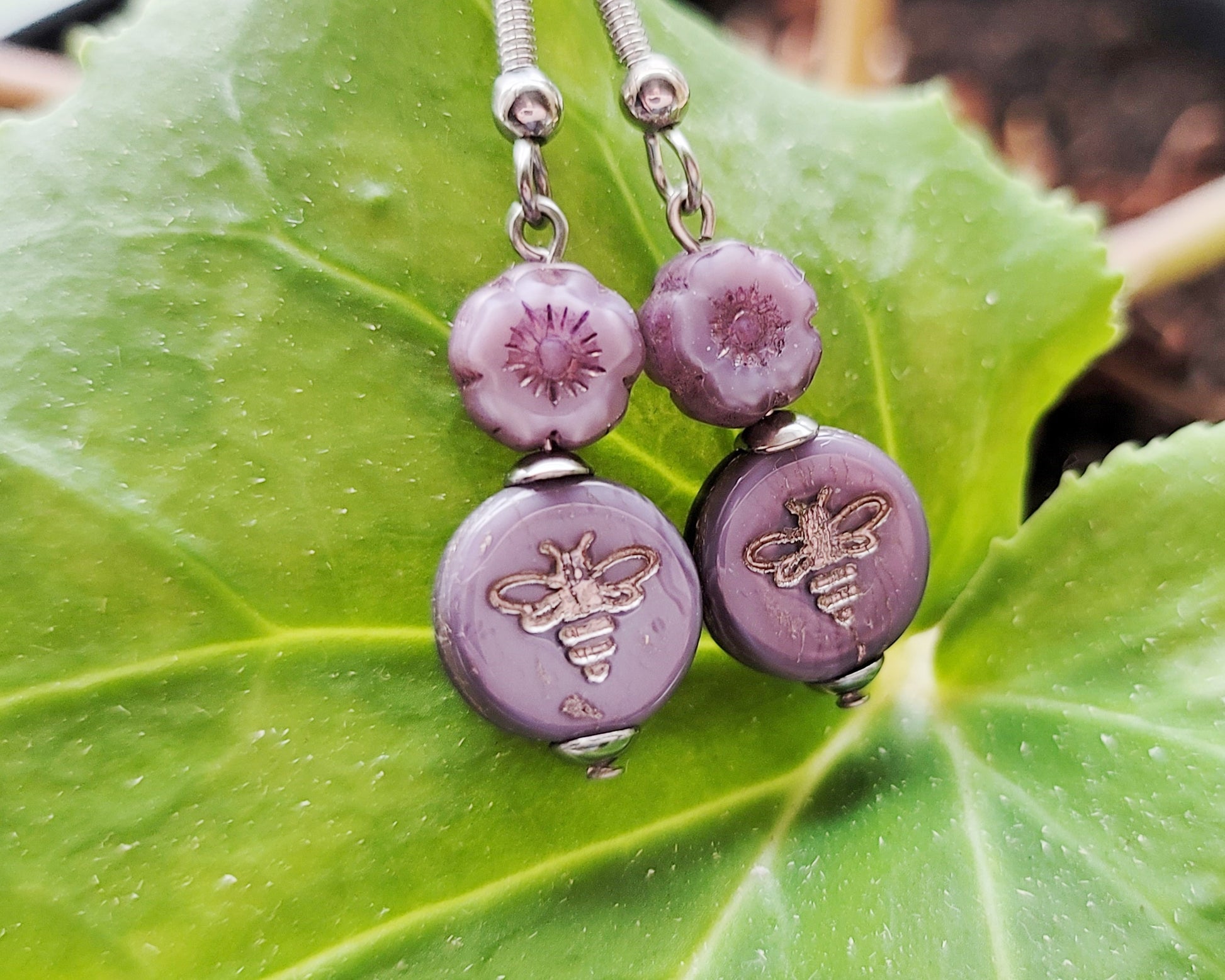 Purple Queen Bee Earrings with lavender purple Flower and Bee, with Stainless Steel hooks.