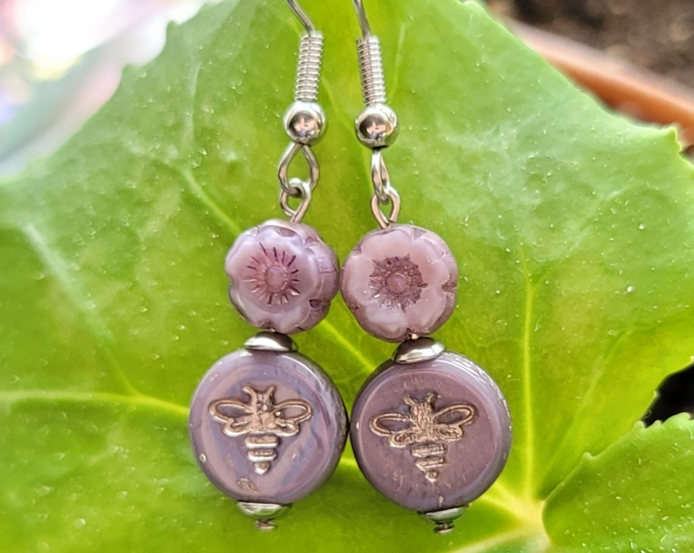 Purple Queen Bee Earrings with lavender purple Flower and Bee, with Stainless Steel hooks.