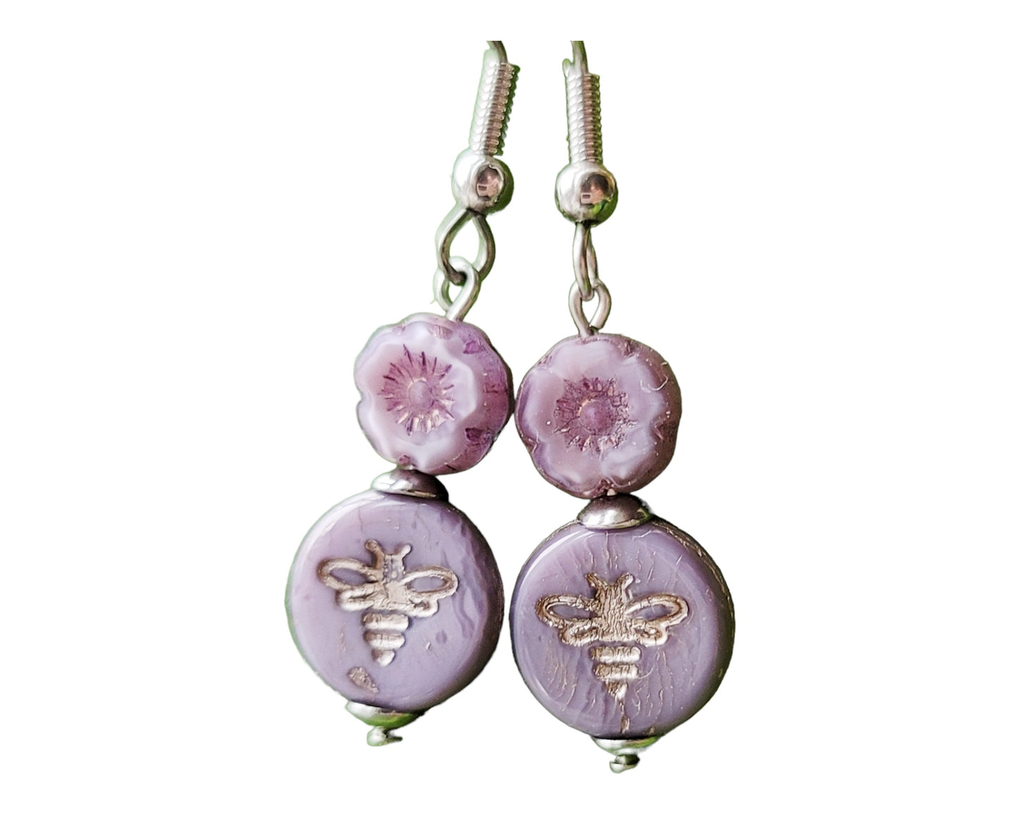 Purple Queen Bee Earrings with lavender purple Flower and Bee, with Stainless Steel hooks.