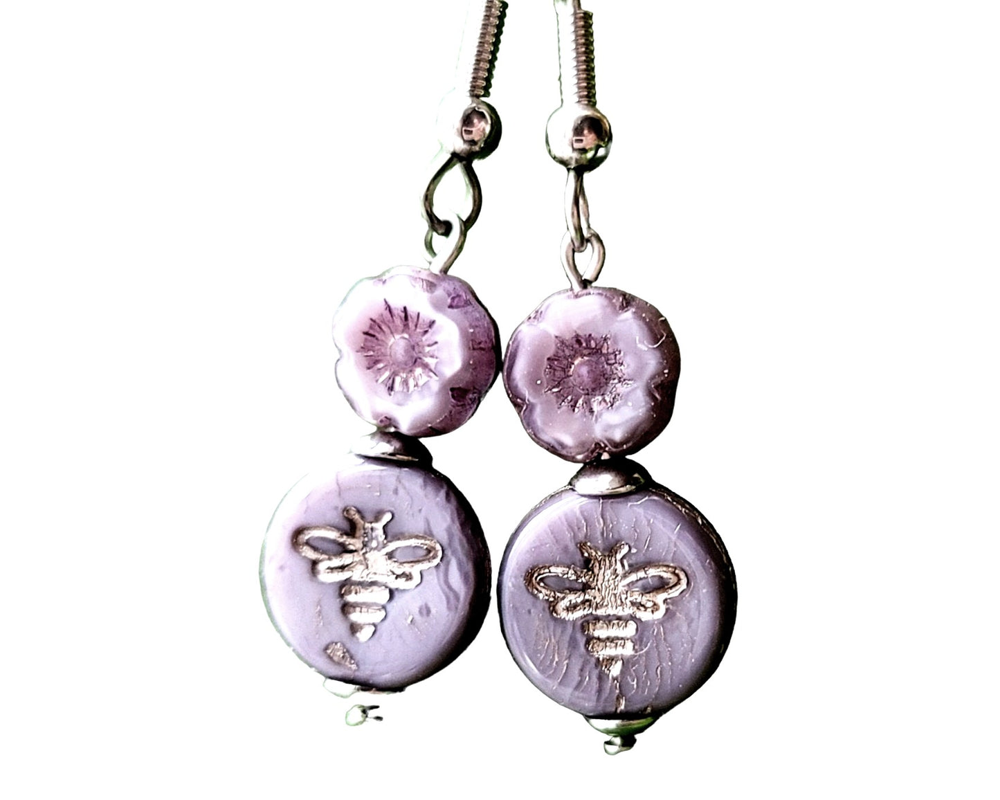 Purple Queen Bee Earrings with lavender purple Flower and Bee, with Stainless Steel hooks.