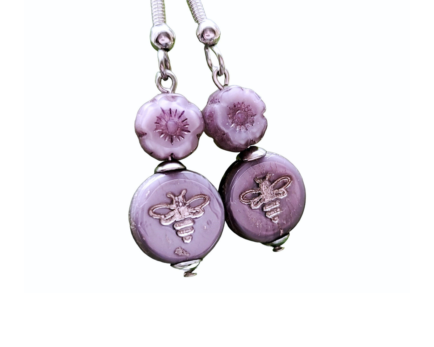 Purple Queen Bee Earrings with lavender purple Flower and Bee, with Stainless Steel hooks.