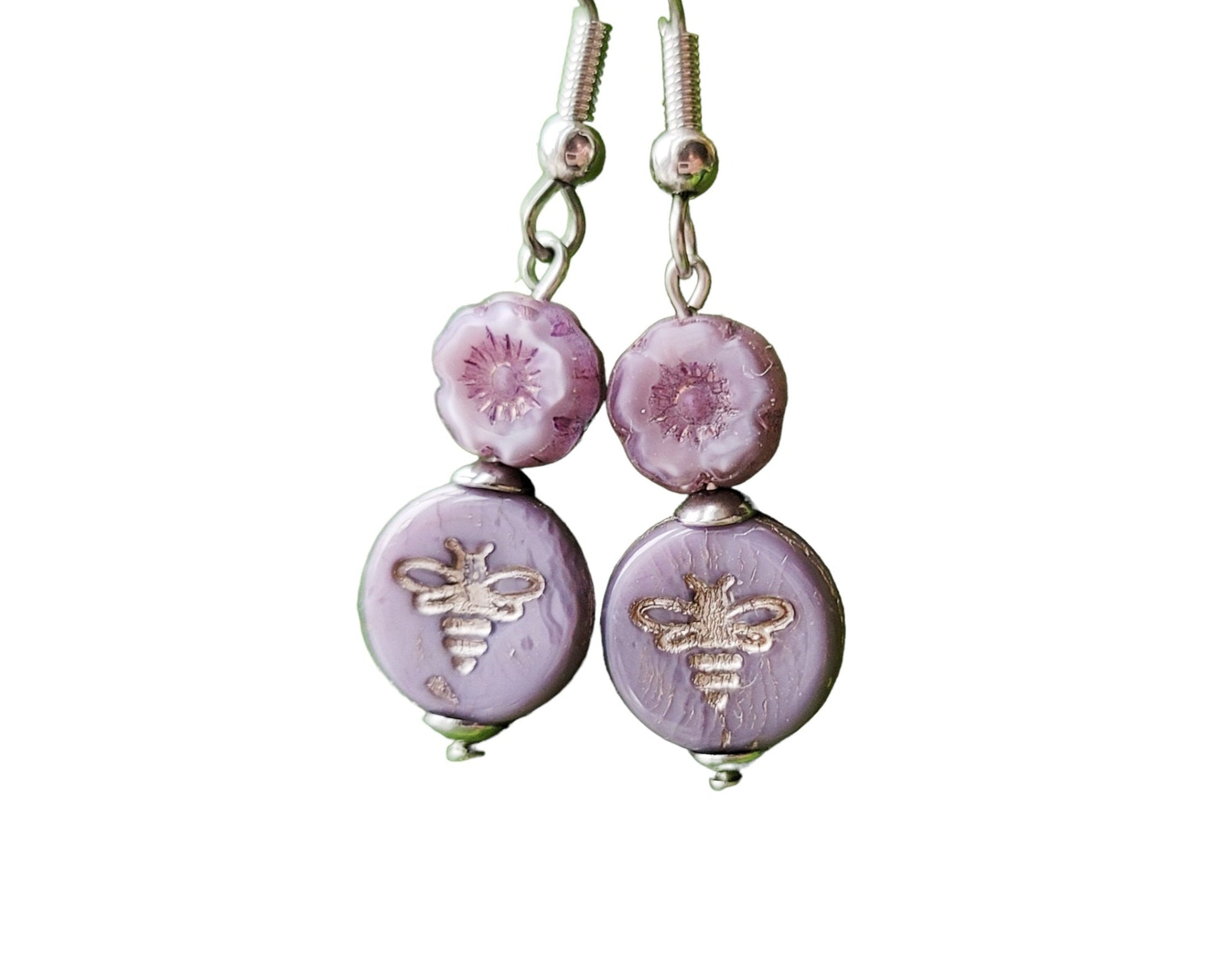 Purple Queen Bee Earrings with lavender purple Flower and Bee, with Stainless Steel hooks.