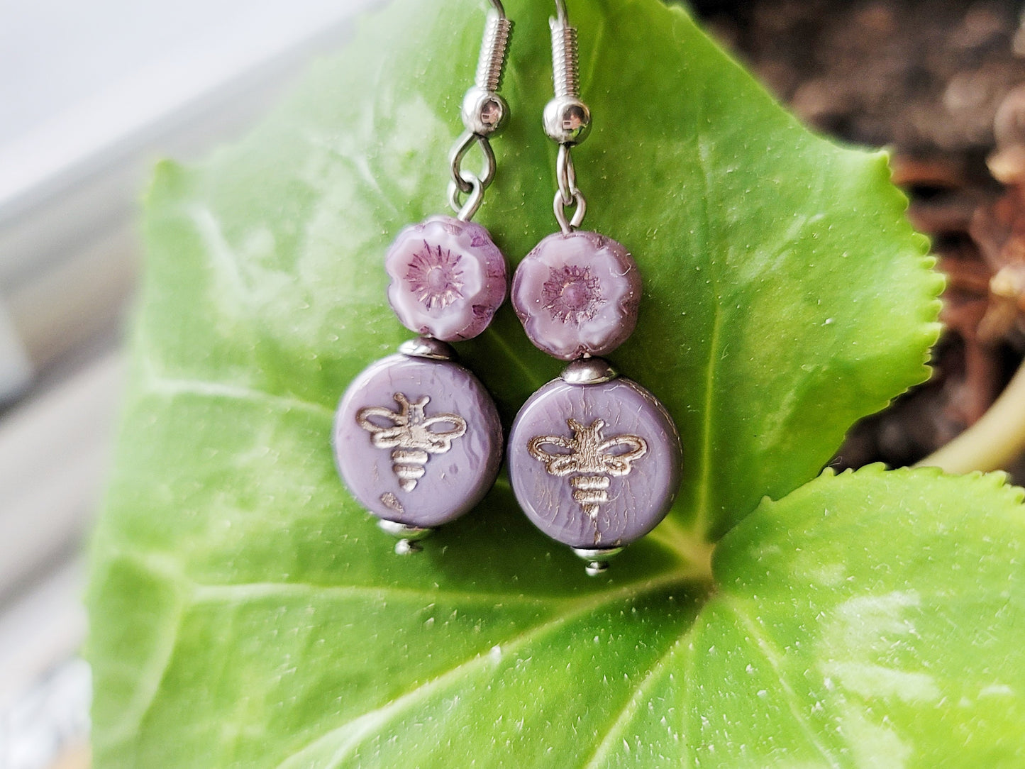 Purple Queen Bee Earrings with lavender purple Flower and Bee, with Stainless Steel hooks.