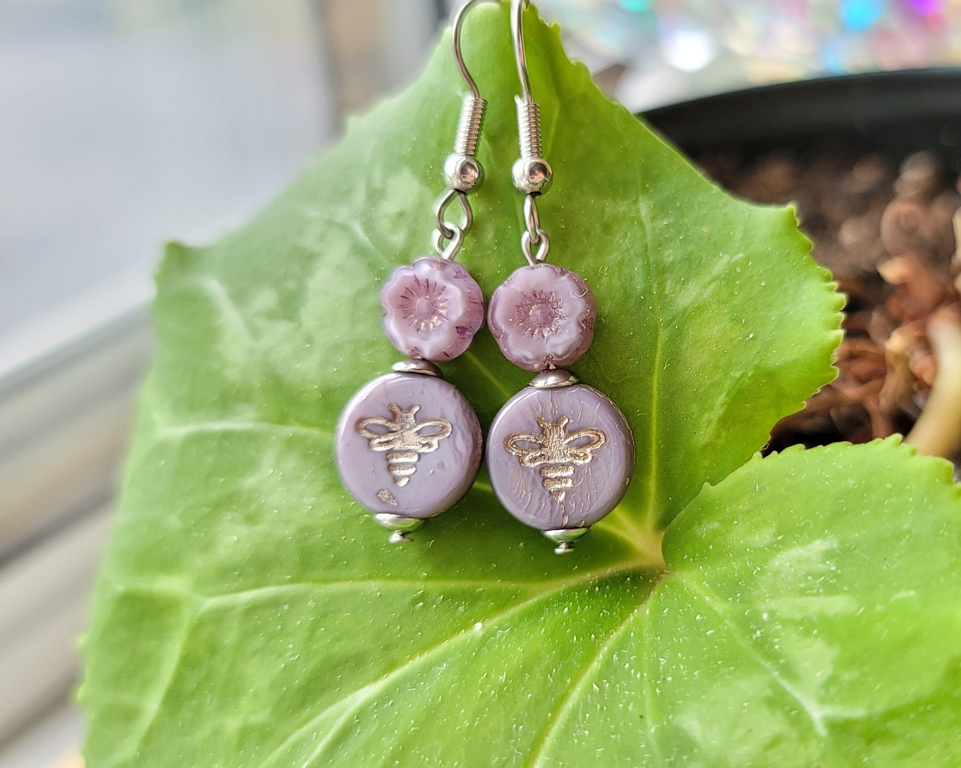 Purple Queen Bee Earrings with lavender purple Flower and Bee, with Stainless Steel hooks.