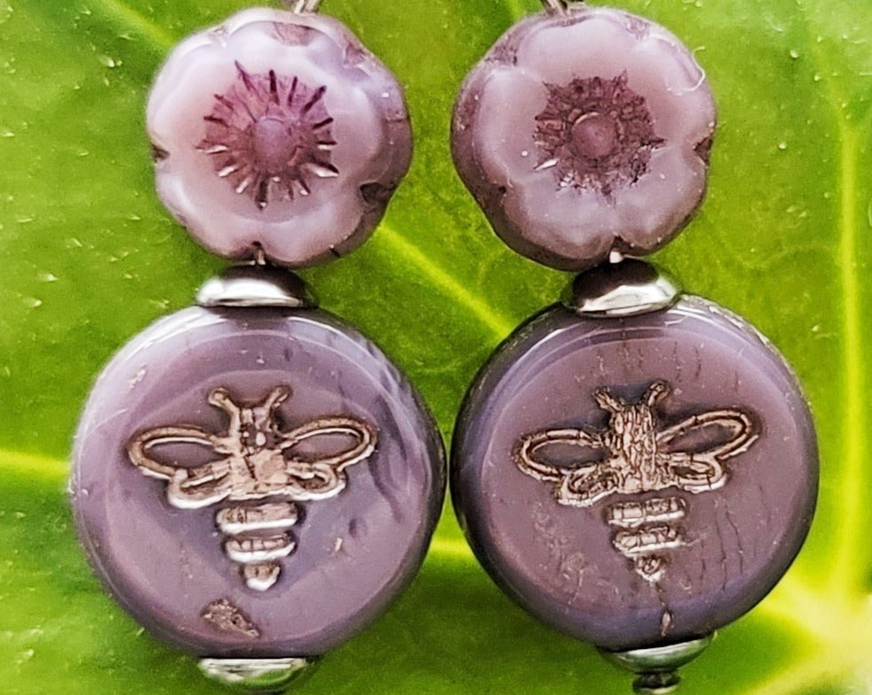 Purple Queen Bee Earrings with lavender purple Flower and Bee, with Stainless Steel hooks.