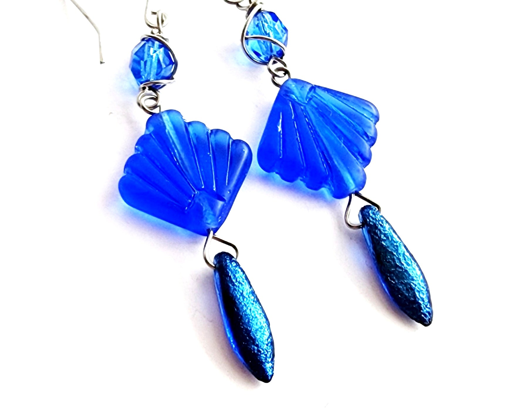 Extra Long Art Deco Style Sapphire Blue Shell Earrings-Stainless