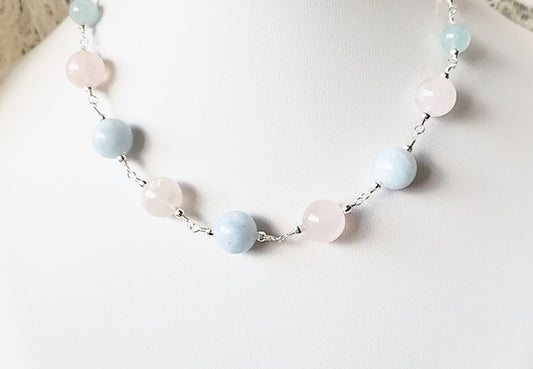 Sterling Silver wire wrapped necklace with large round Rose Quartz and Aquamarine stone, sparkly Sterling Sivler Beads and long back chain. Necklace made with solid Sterling Silver, large round gemstones, two Vintage Rose Quarts and one Aquamarine, 