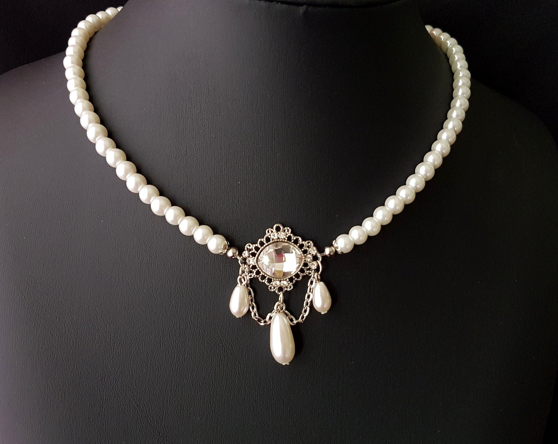 Victorian Style Pearl Crystal Necklace and Earrings Set