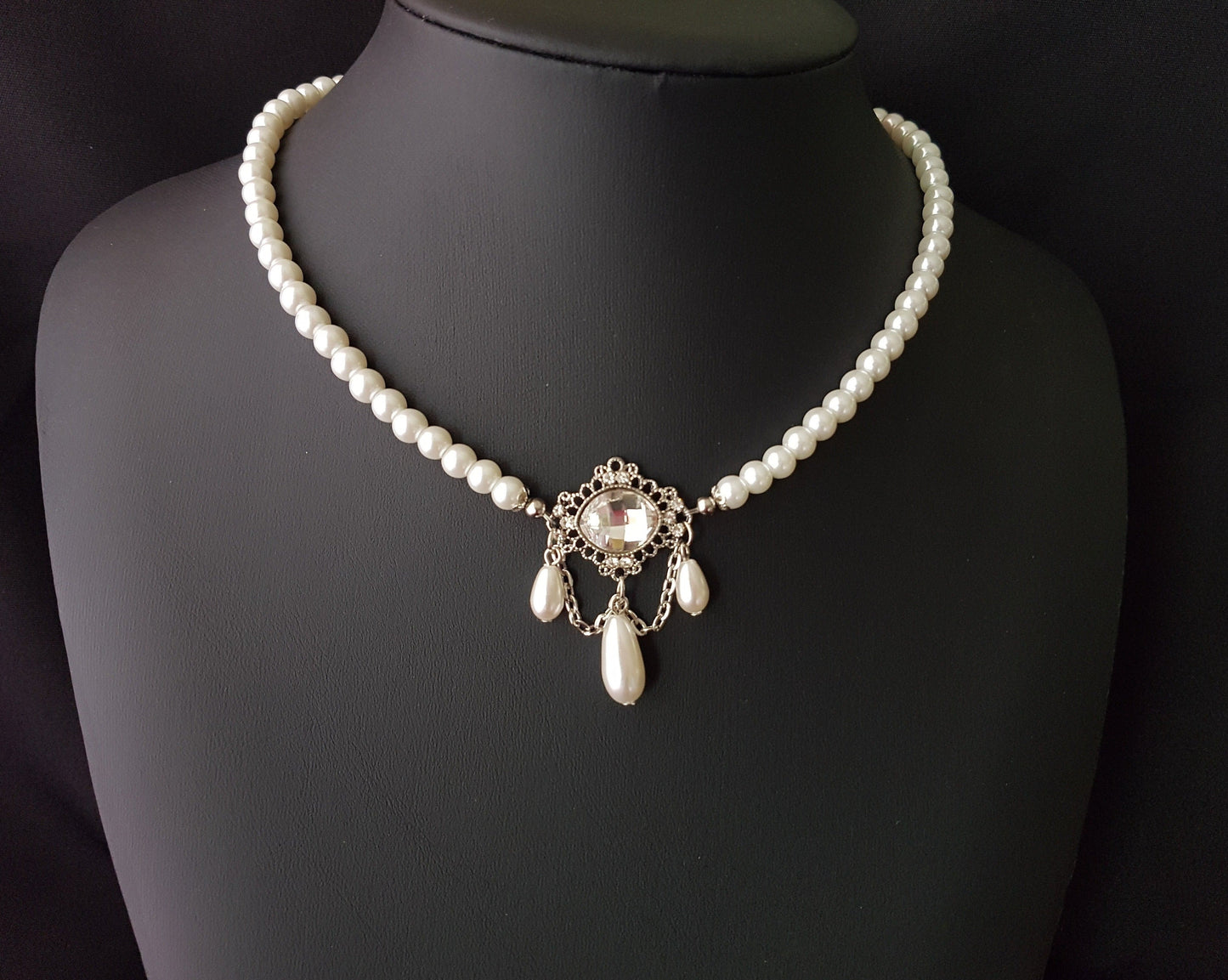 Victorian Style Pearl Crystal Necklace and Earrings Set
