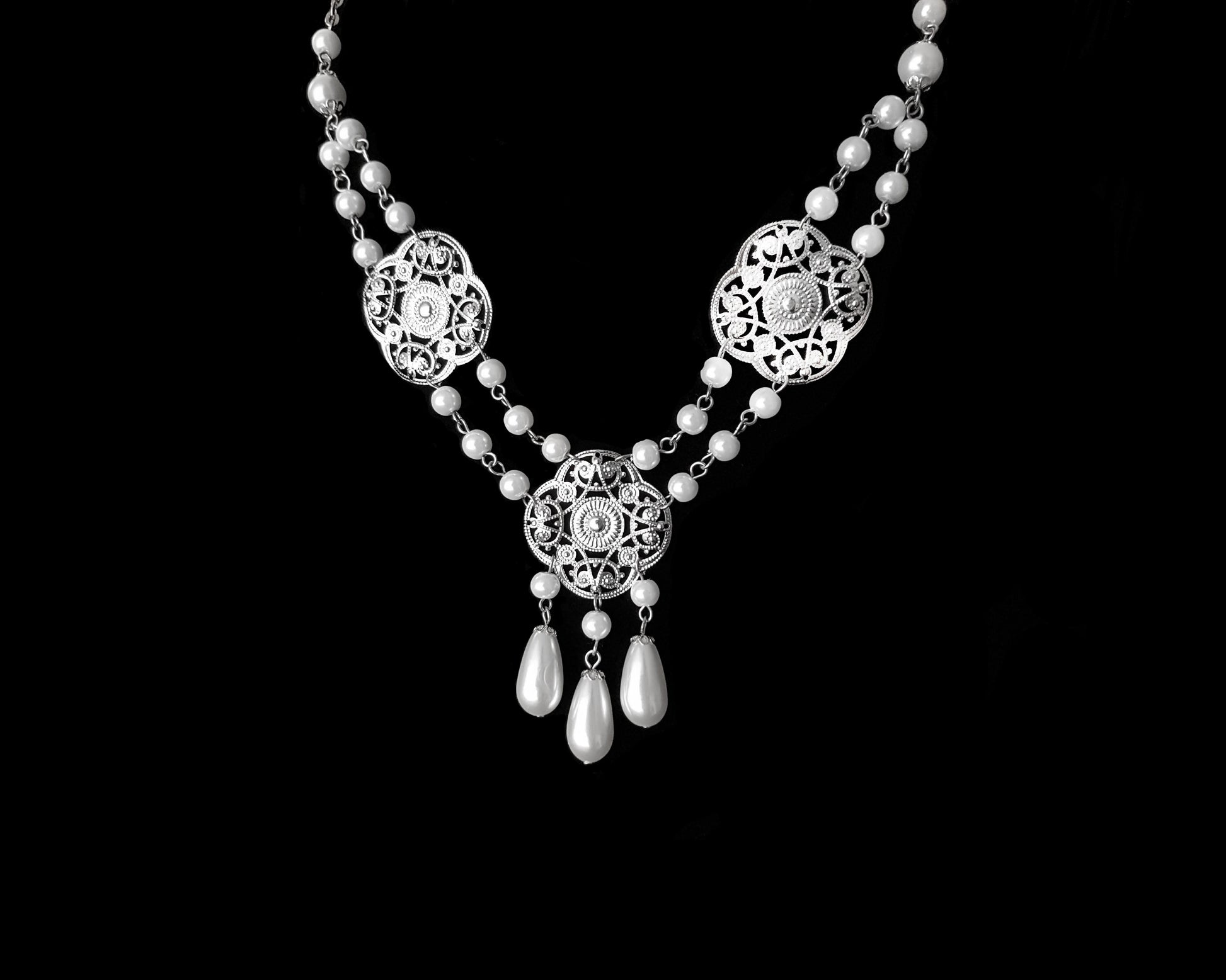 Edwardian Style Pearl Festoon Necklace-White Pearls-White Gold Finish
