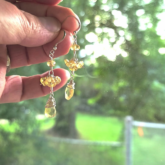 Video-Long Dangle Citrine Earrings with sparkly yellow faceted Citrine Gemstones wire wrapped with solid Sterling Silver wire on French earring wires, hooks. 