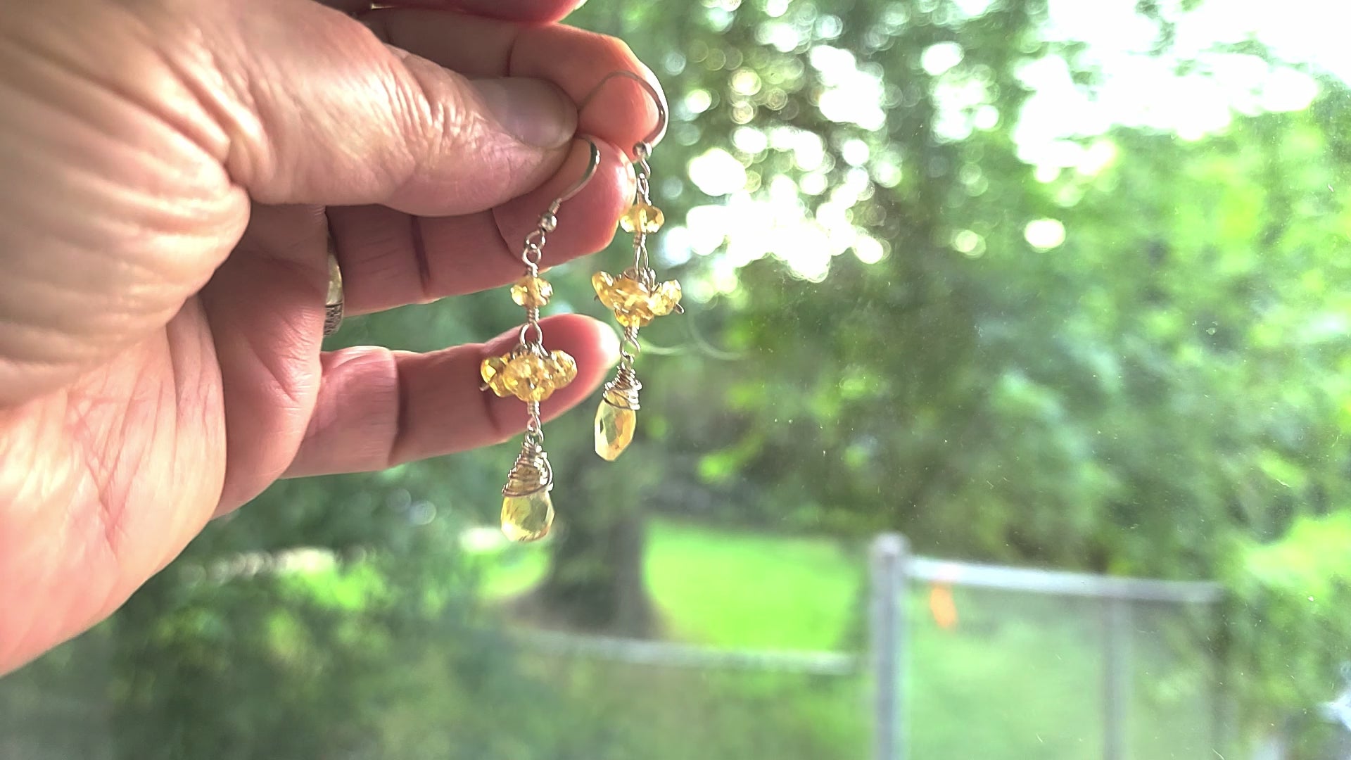 Video-Long Dangle Citrine Earrings with sparkly yellow faceted Citrine Gemstones wire wrapped with solid Sterling Silver wire on French earring wires, hooks. 