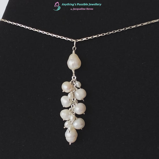 Video of Large white Freshwater Cultured Pearl Cluster Pendant on Sterling Silver chain, on Black background 
