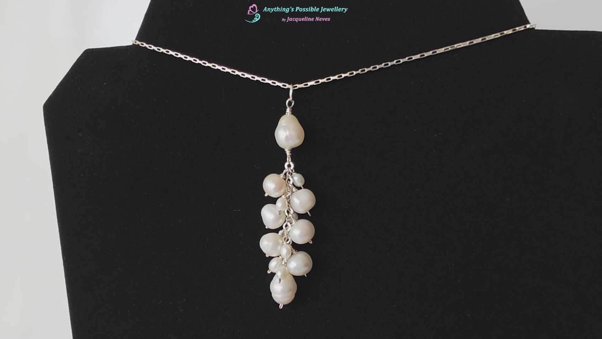 Video of Large white Freshwater Cultured Pearl Cluster Pendant on Sterling Silver chain, on Black background 