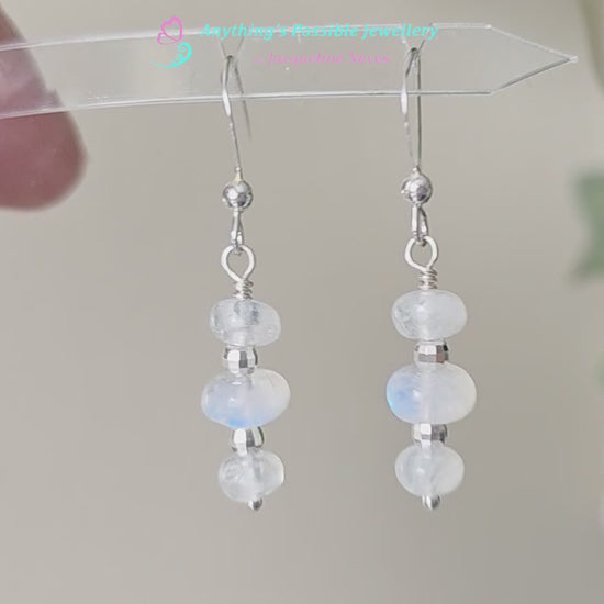 Video of Moonstone Dangle Earrings, Three Moonstones with Sterling Silver sparkly beads dangling from silver French earring hooks