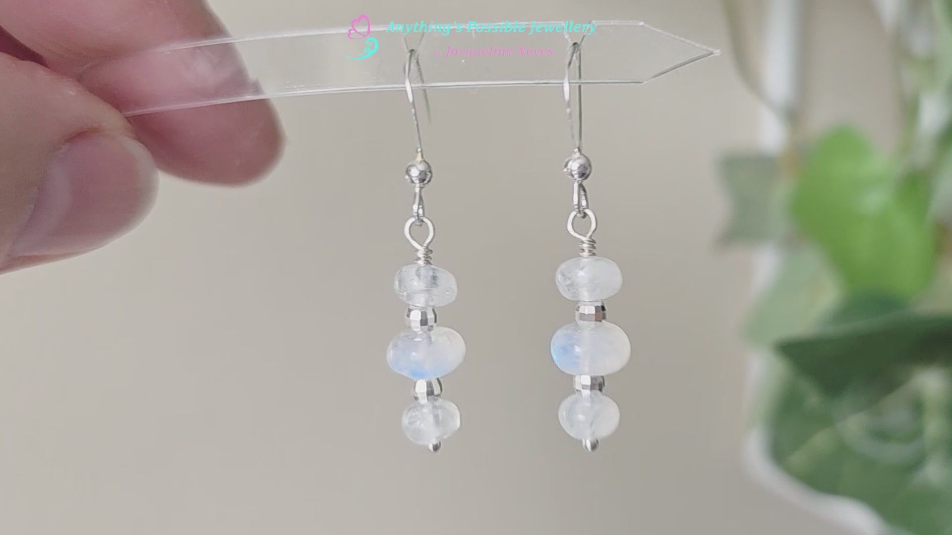 Video of Moonstone Dangle Earrings, Three Moonstones with Sterling Silver sparkly beads dangling from silver French earring hooks