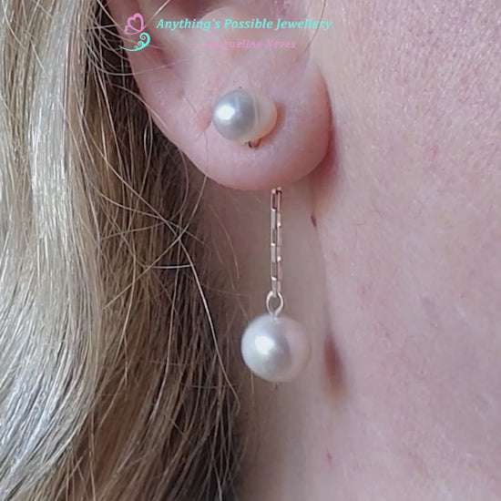 Video of Convertible Sterling Silver Freshwater Cultured Peal Dangle and Post Earrings with Large pearls on the end of a long chain. 