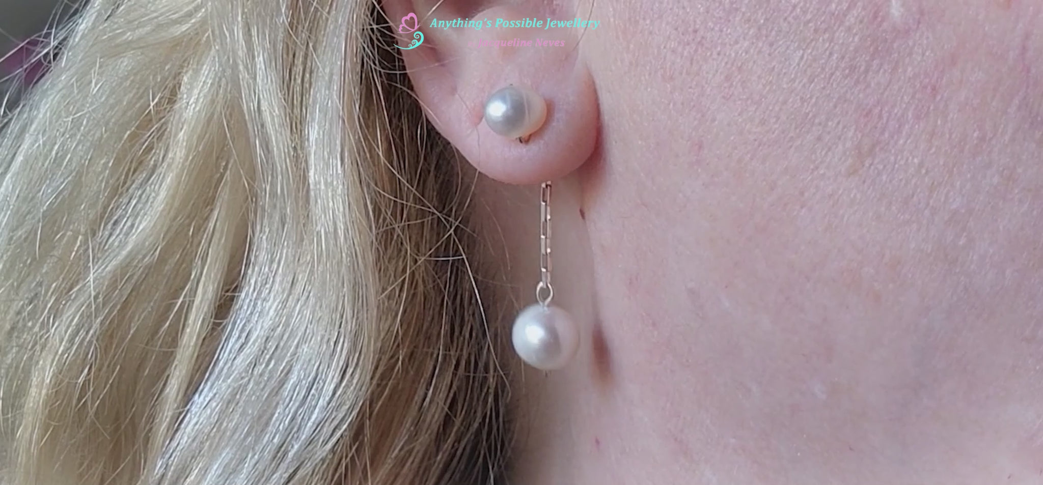 Video of Convertible Sterling Silver Freshwater Cultured Peal Dangle and Post Earrings with Large pearls on the end of a long chain. 