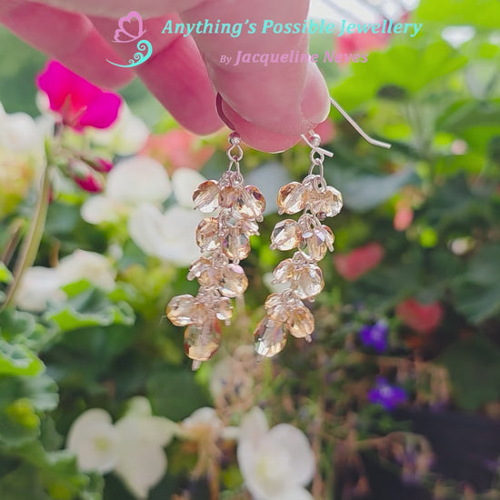 Long sparkly cluster earrings with Champagne Aurora Borealis beads on Sterling Silver with French style earring hooks with Flower garden background