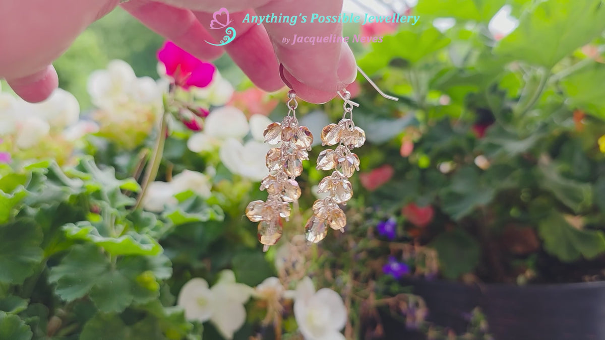 Long sparkly cluster earrings with Champagne Aurora Borealis beads on Sterling Silver with French style earring hooks with Flower garden background