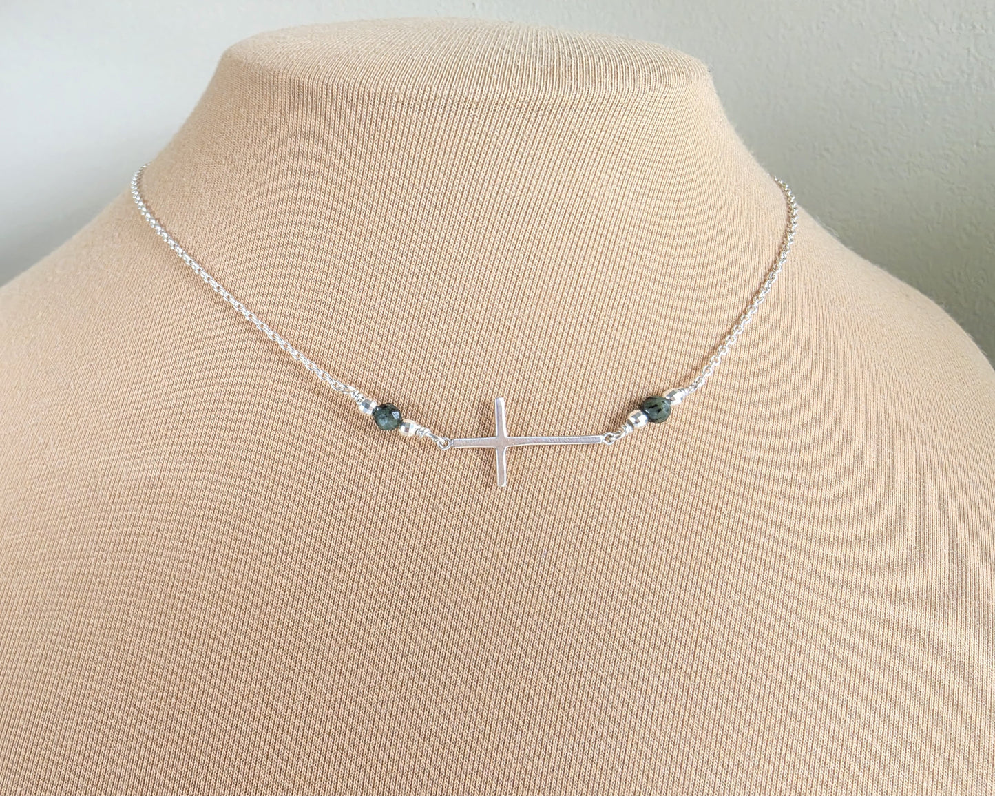 Personalized Two Birthstone Sideways Cross Necklace, Gemstones, Sterling Silver