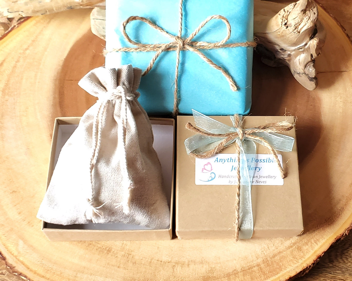 Eco Friendlier Recycled Paper Gift Box, Reusable Cotton Jewellery Pouch, Tissue Paper, Ribbon and Twine