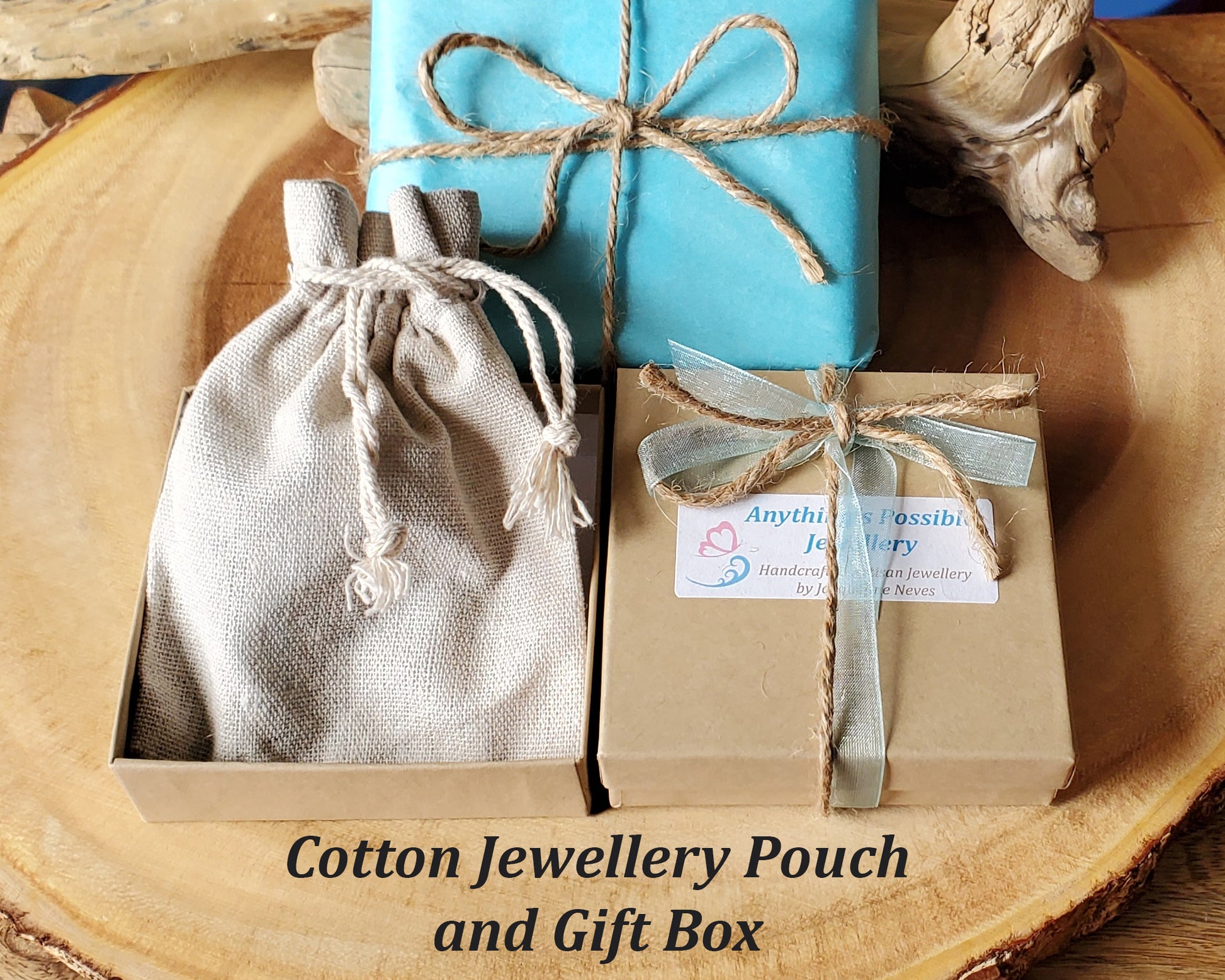 Eco Friendlier Recycled Paper Gift Box, Reusable Cotton Jewellery Pouch, Tissue Paper, Ribbon, and Twine