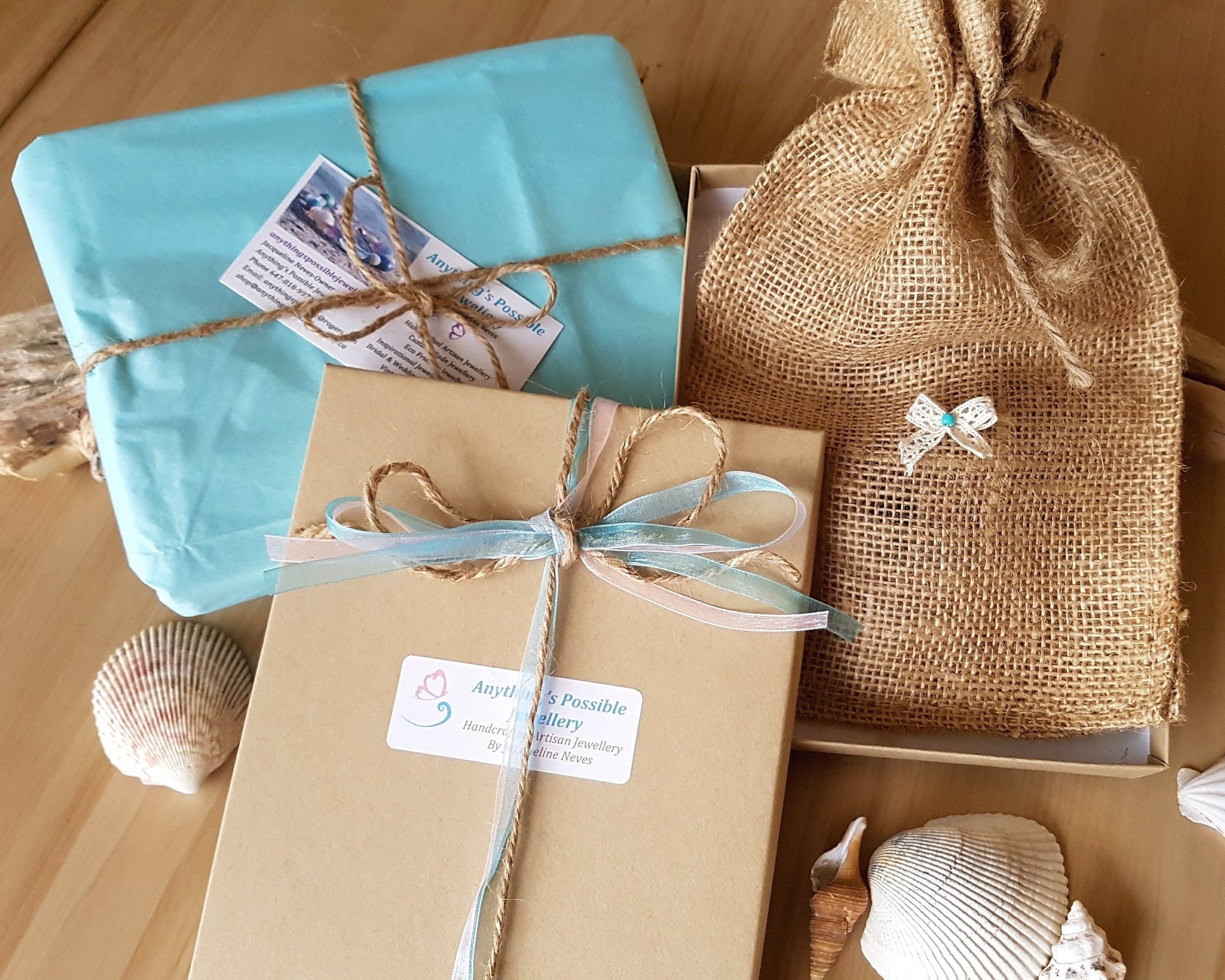 Eco Friendlier Recycled Paper Gift Box, Reusable Natural Jute Pouch, Tissue Paper, Ribbon and Twine