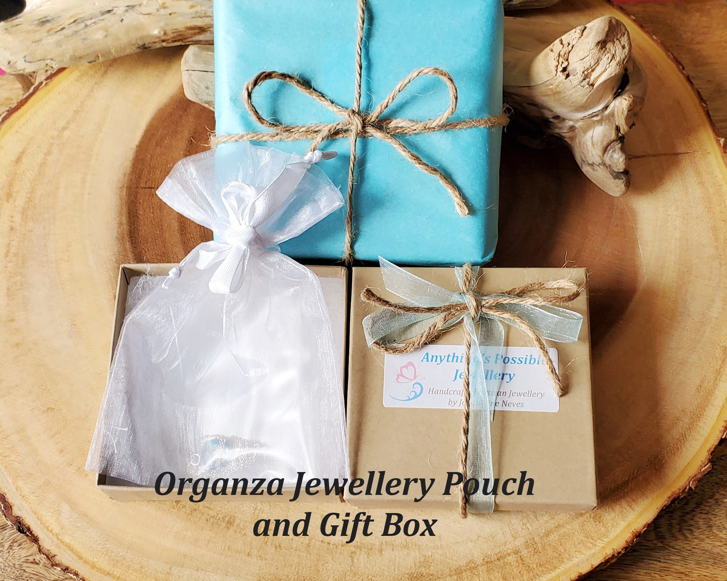 Eco Friendlier Recycled Paper Gift Box, Reusable White Organza Jewellery Pouch, Tissue Paper, Ribbon, and Twine