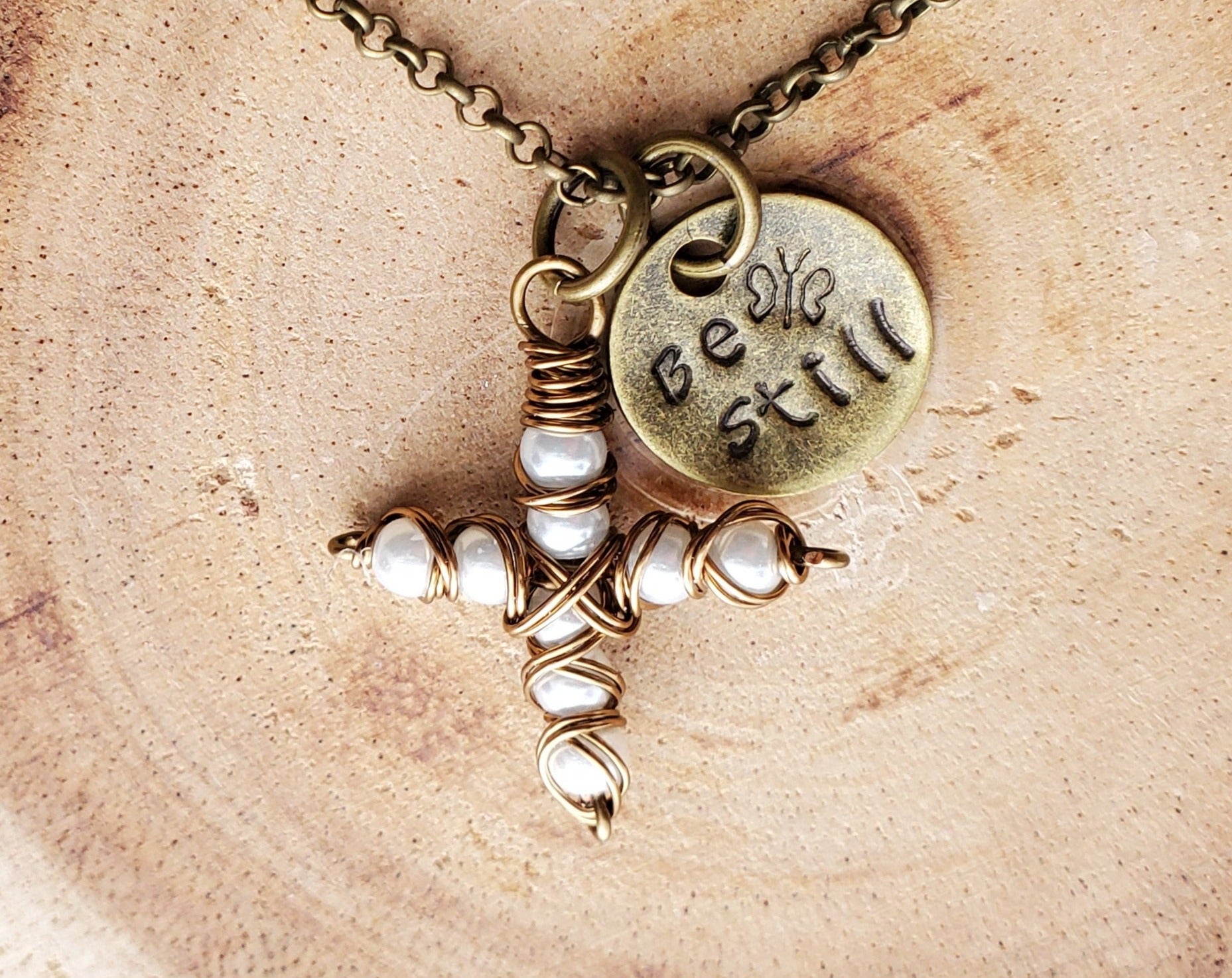 Be Still, Pearl Cross, Butterfly Necklace, Antiqued Brass