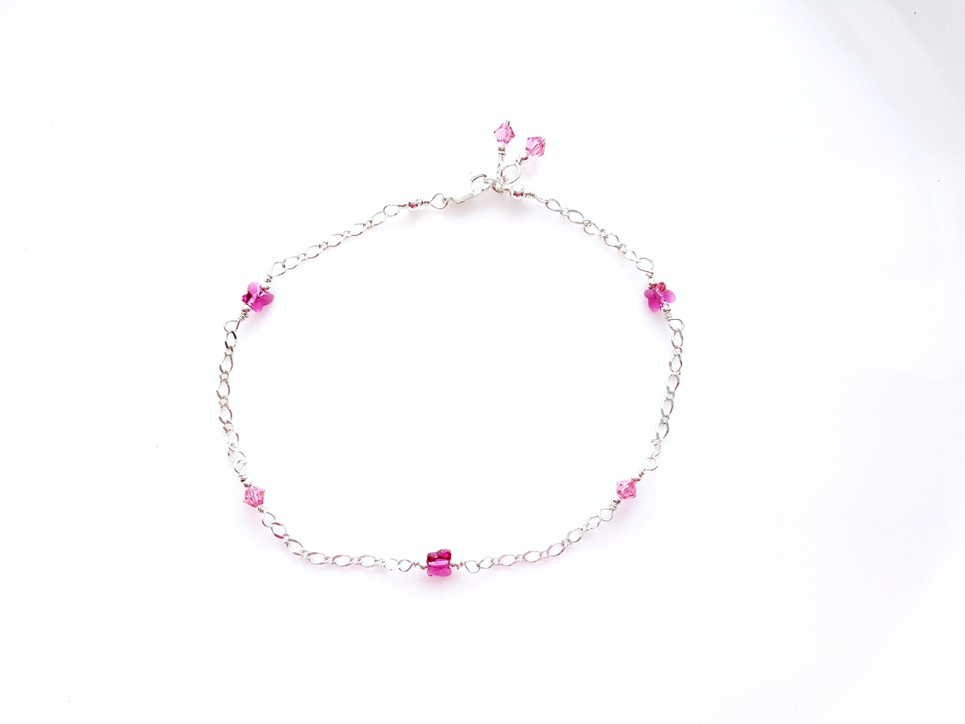 Pink Crystal Butterfly Ankle Bracelet-Anklet made with Pink Crystal butterflies and beads on flat figaro style sterling silver chain