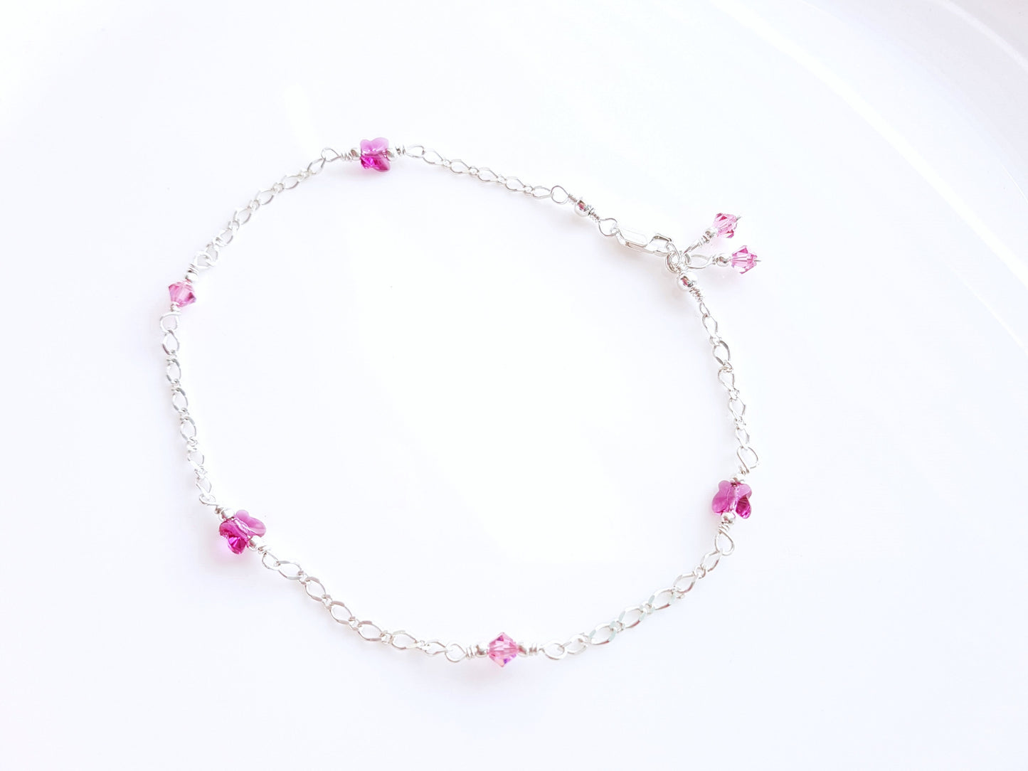 Pink Crystal Butterfly Ankle Bracelet-Anklet made with Pink Crystal butterflies and beads on flat figaro style sterling silver chain