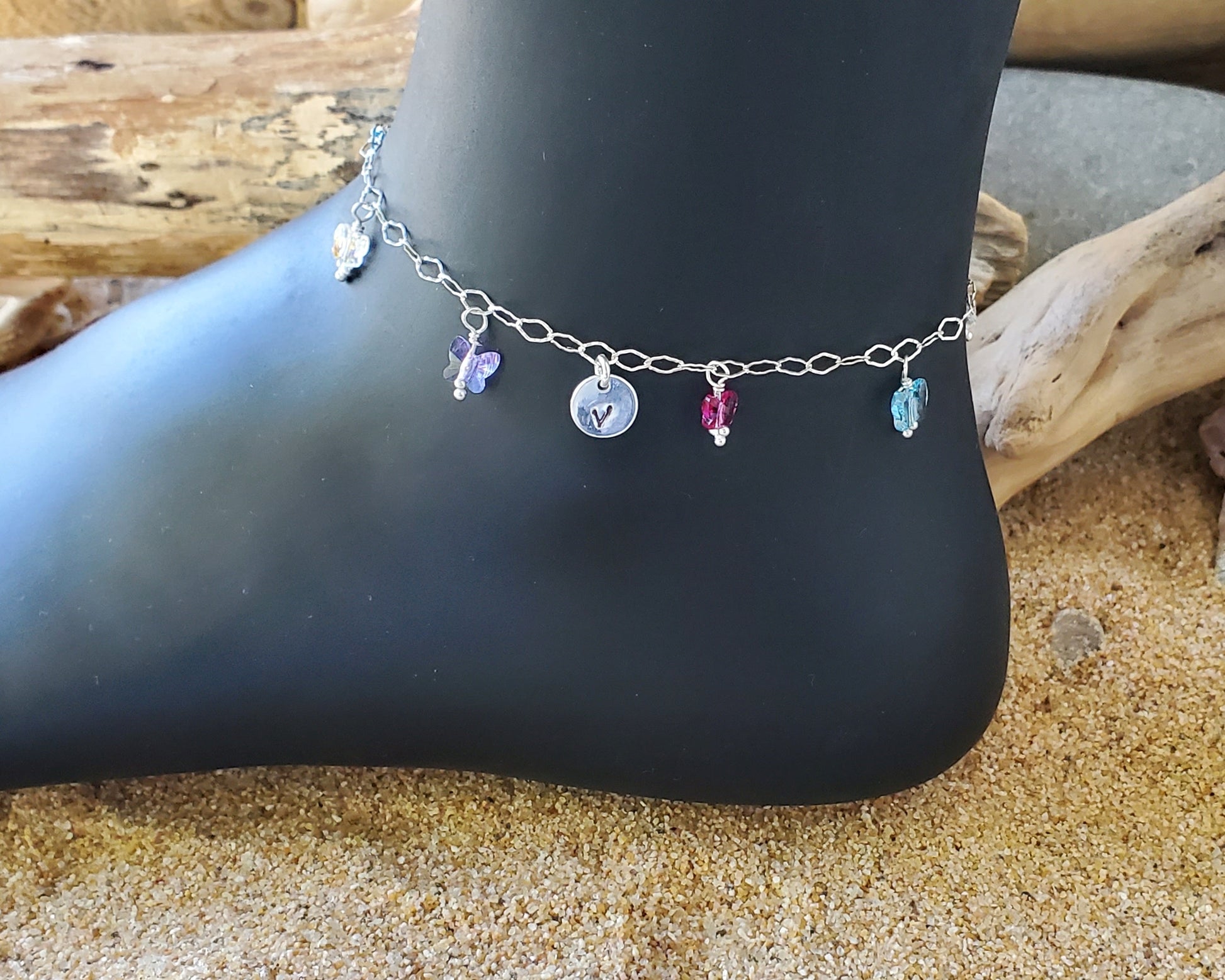 Personalized Crystal Butterfly Dangle Initial Anklet, Ankle Bracelet, Sterling Silver diamond shaped chain with dangling Multi Color Crystal Butterflies and an Initial Pendant 