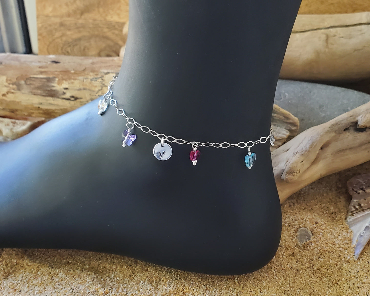 Personalized Crystal Butterfly Dangle Initial Anklet, Ankle Bracelet, Sterling Silver diamond shaped chain with dangling Multi Color Crystal Butterflies and an Initial Pendant 
