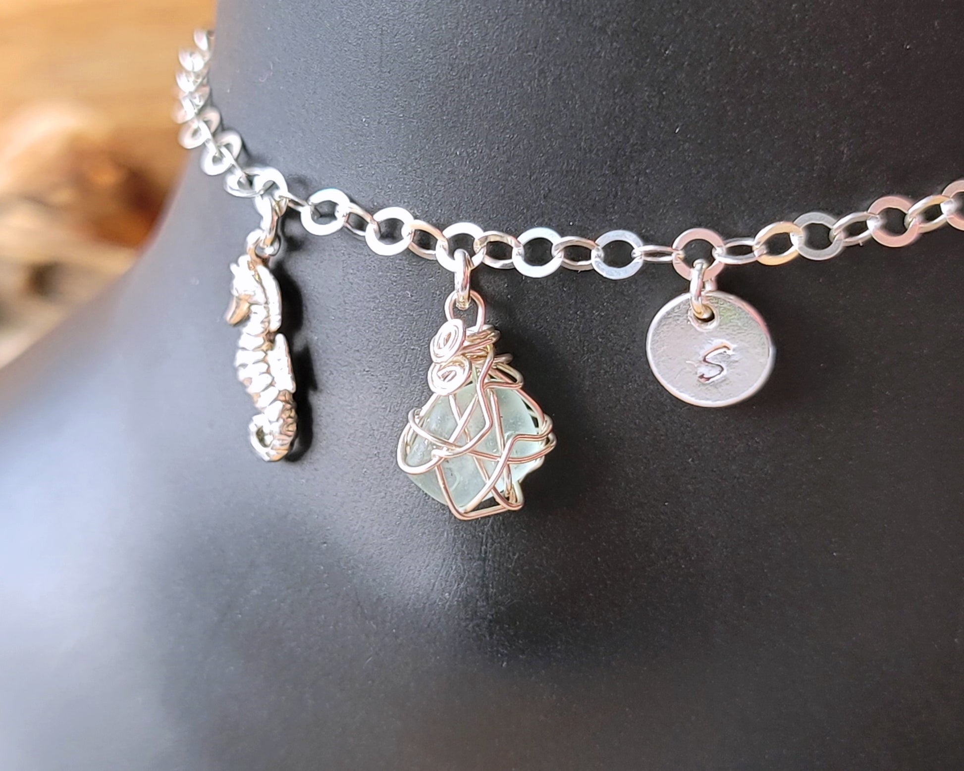 Deluxe Personalized Beach Glass, Sea Horse, Initial Ankle Bracelet, Anklet. One of a kind chain with Dangly Pendants handmade with solid 925 Sterling Silver and pale Aqua Blue Lake Ontario Beach Glass