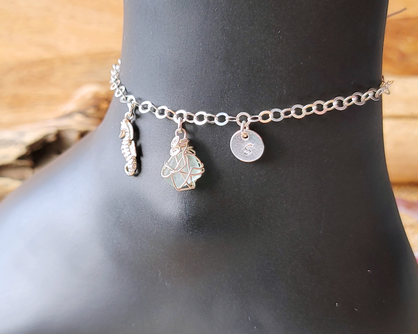 Deluxe Personalized Beach Glass, Sea Horse, Initial Ankle Bracelet, Anklet. One of a kind chain with Dangly Pendants handmade with solid 925 Sterling Silver and pale Aqua Blue Lake Ontario Beach Glass