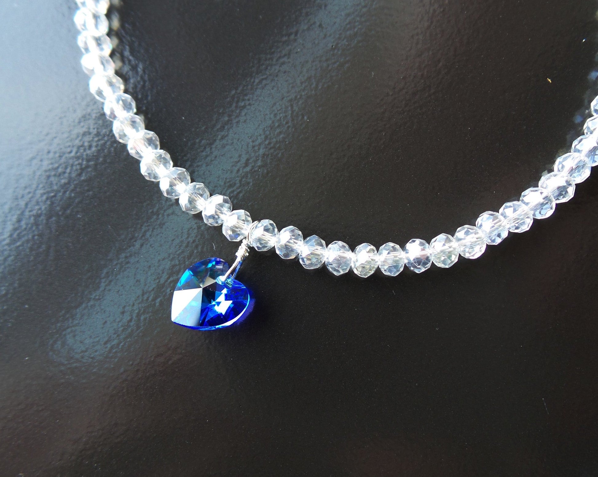 Something Blue Crystal Heart Beaded Ankle Bracelet, a Blue Crystal Heart dangling from clear Ab crystal beads, finished with Sterling Silver 