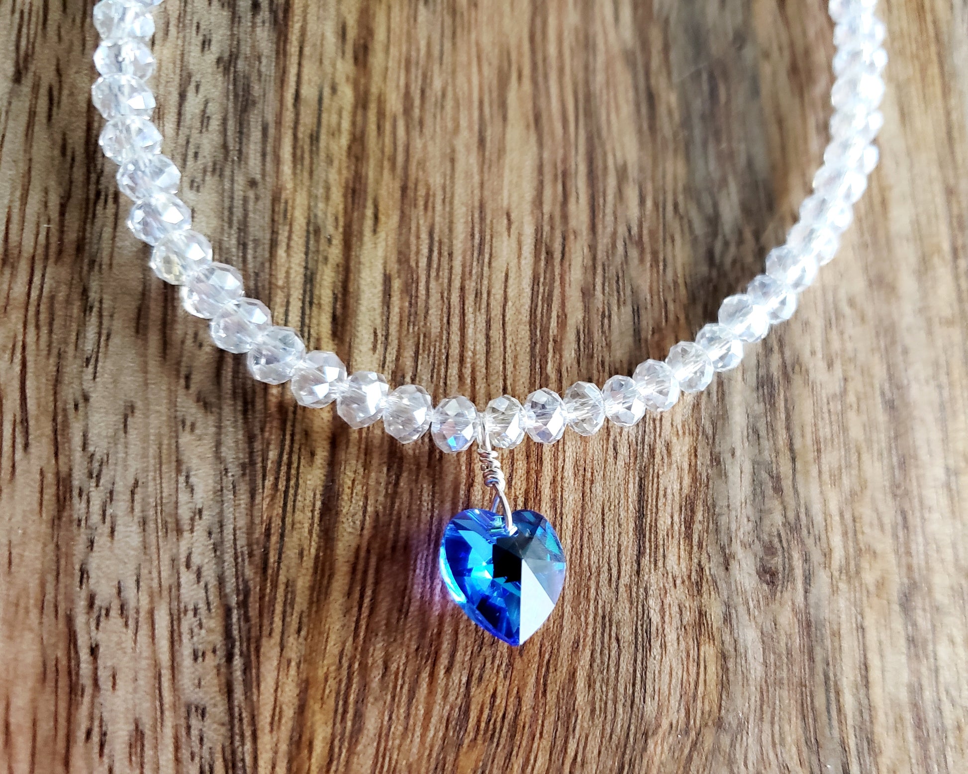 Something Blue Crystal Heart Beaded Ankle Bracelet, a Blue Crystal Heart dangling from clear Ab crystal beads, finished with Sterling Silver