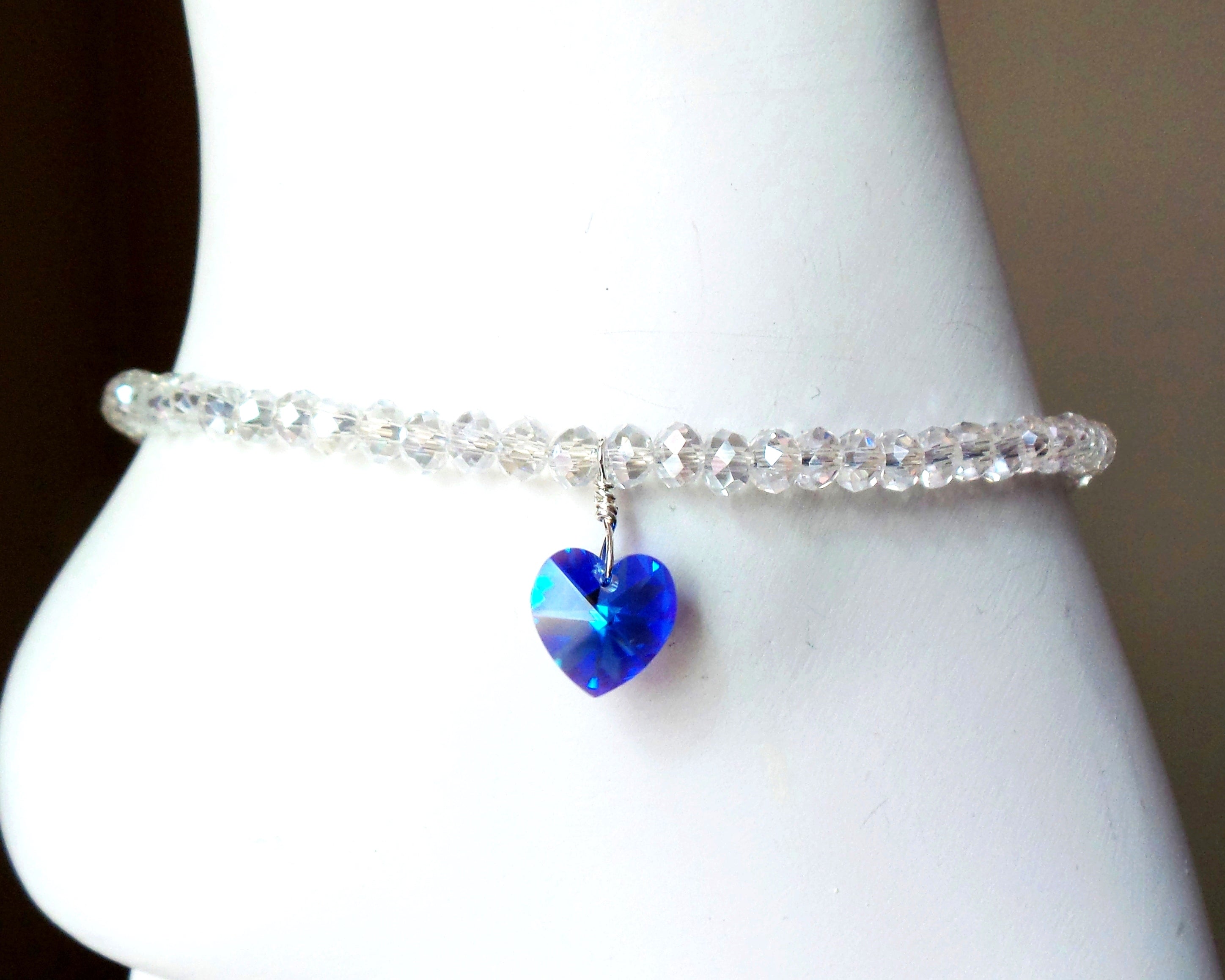 Something Blue Crystal Heart Beaded Ankle Bracelet