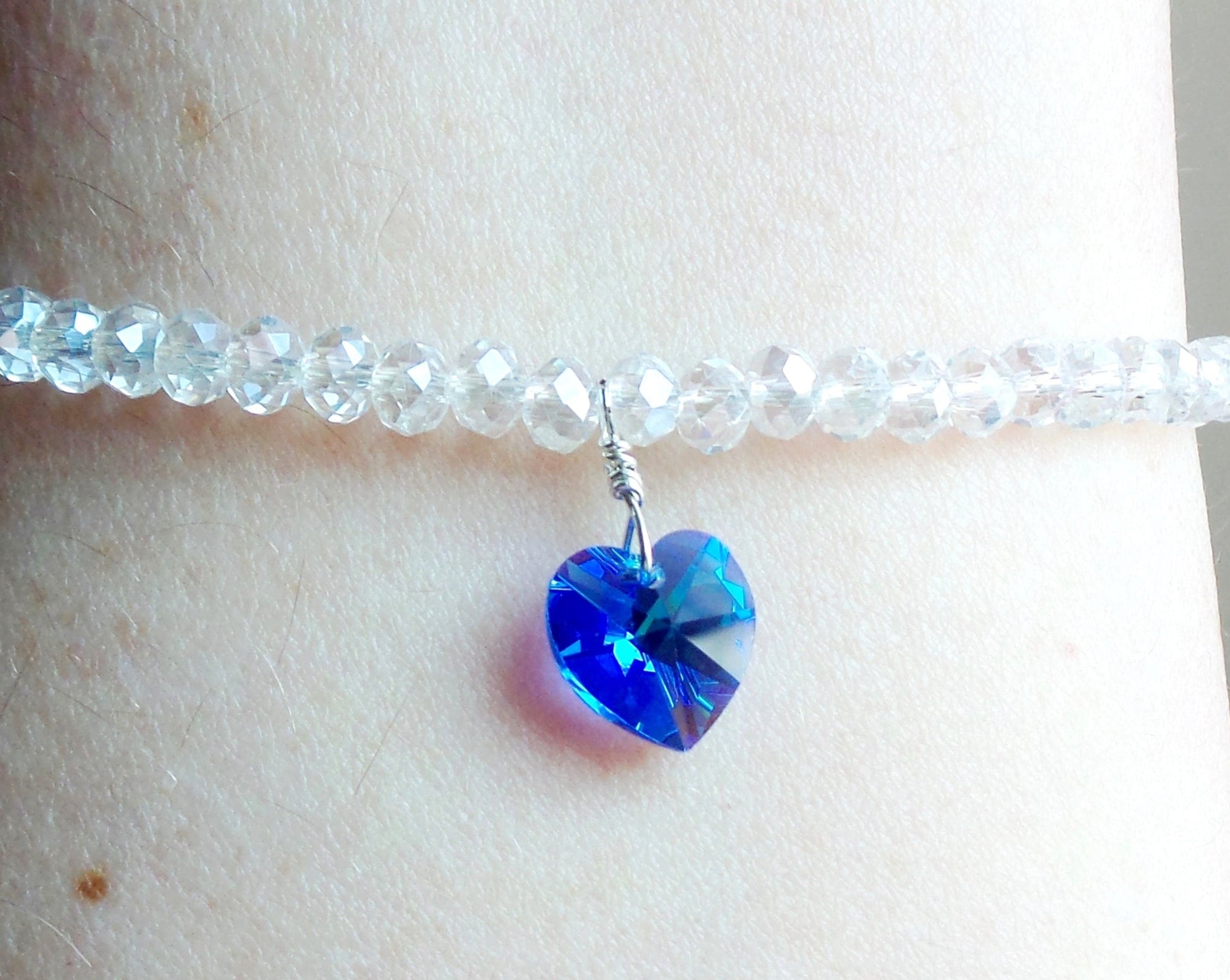 Something Blue Crystal Heart Beaded Ankle Bracelet, a Blue Crystal Heart dangling from clear Ab crystal beads, finished with Sterling Silver 
