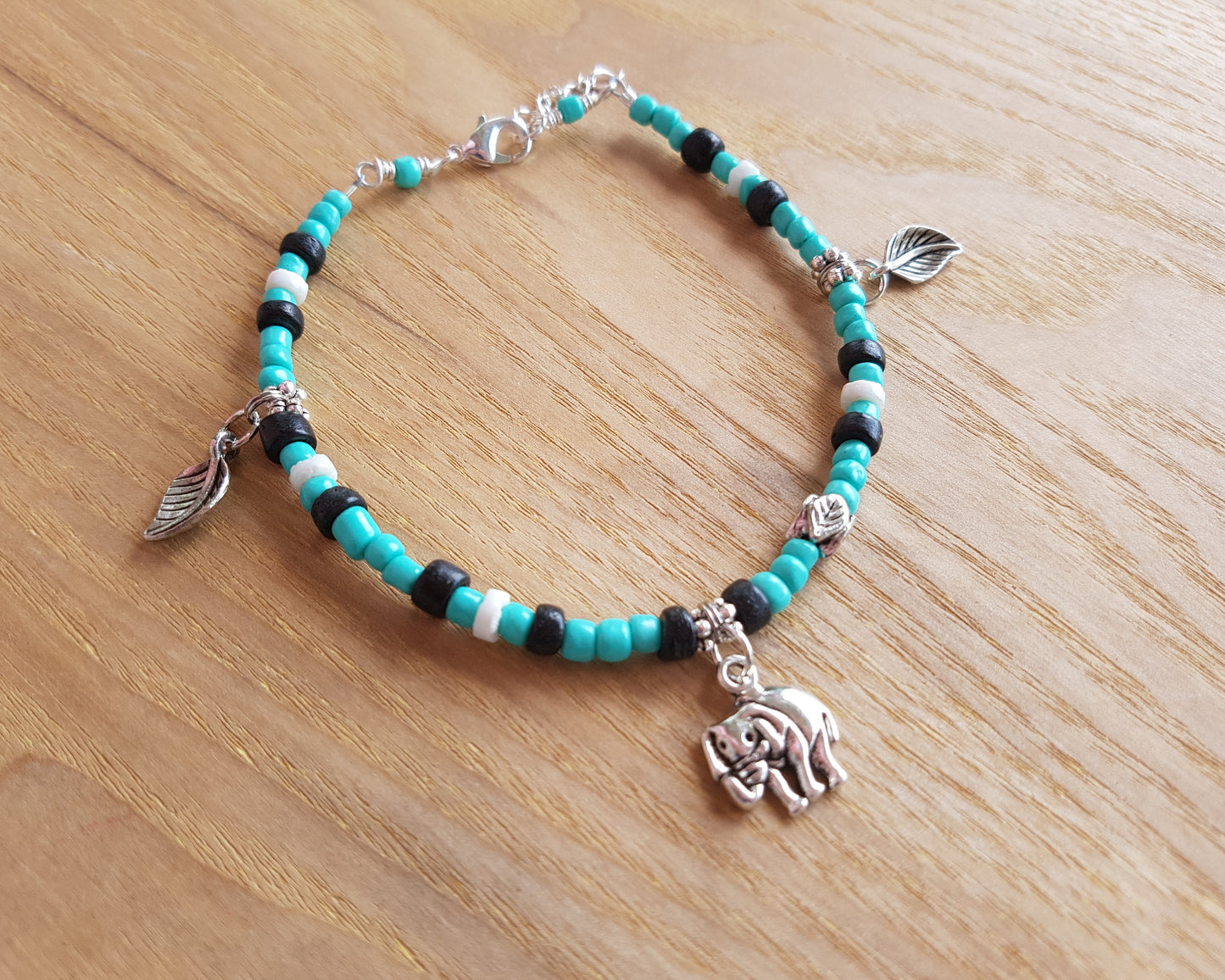 Elephant Turquoise Forest Anklet, Elephant Anklet, Beaded Anklet with Turquoise, Vintage white shell, Vintage Coconut beads with dangling Elephant pendants