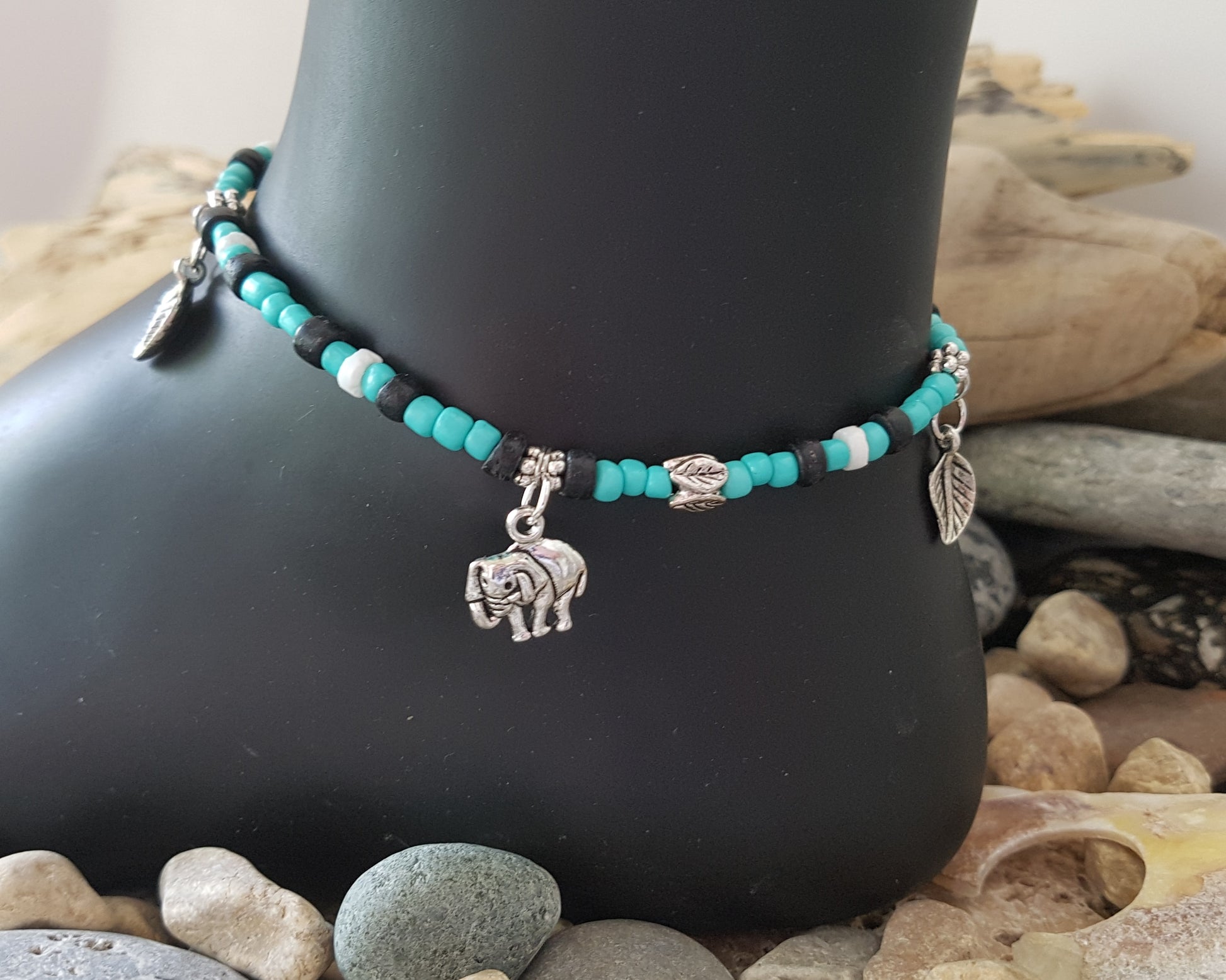 Elephant Turquoise Forest Anklet, Elephant Anklet, Beaded Anklet with Turquoise, Vintage white shell, Vintage Coconut beads with dangling Elephant pendants