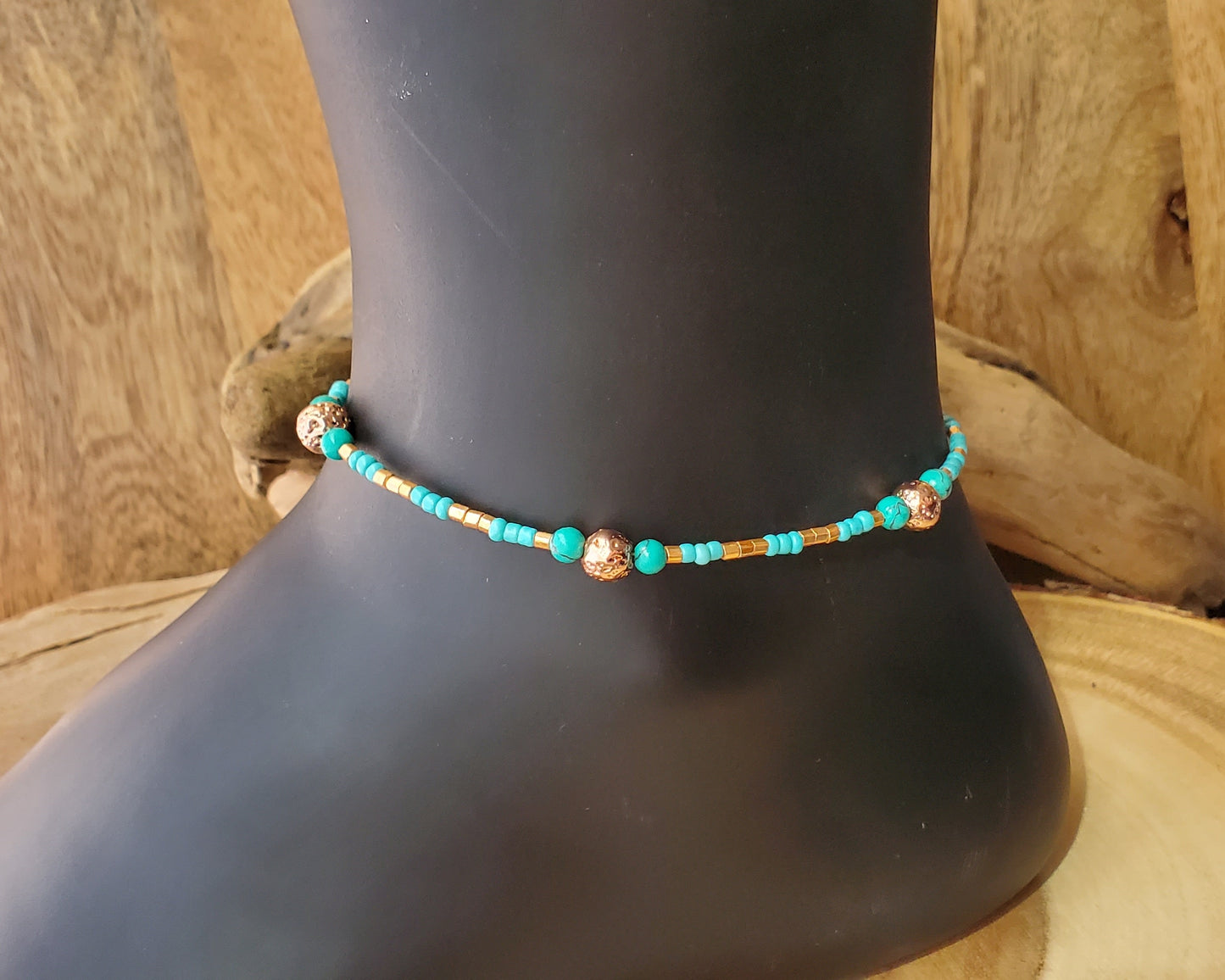 Rose Gold Turquoise Lava Stone Beaded Anklet, Copper Anklet, Ankle Bracelet