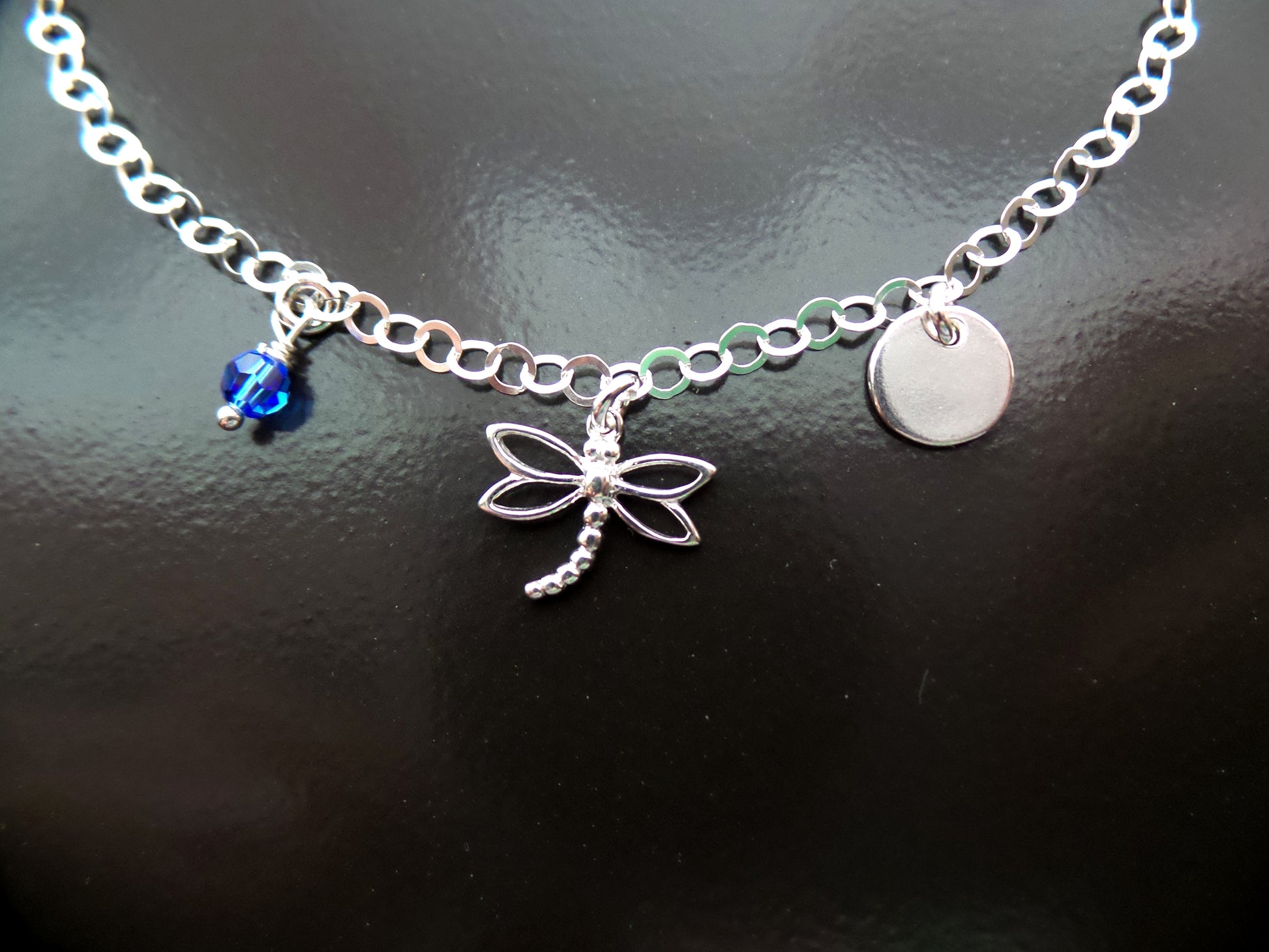 Deluxe Personalized Dragonfly, Eternity, Initial, Birthstone Ankle Bracelet-Anklet -Sterling Silver- Crystal Birthstones-Hand stamped Initial pendants on Sparkly Chain