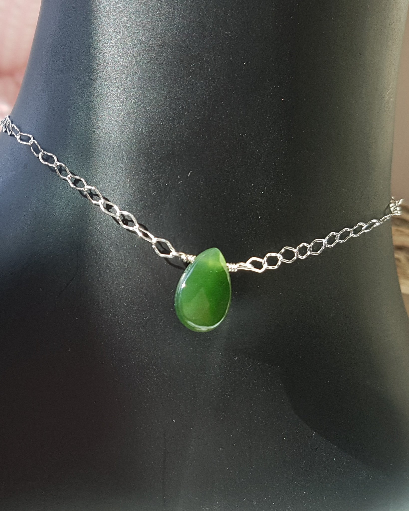 Canadian Green Jade Eternity Ankle Bracelet, Adjustable Sterling Silver Anklet with Celtic Eternity Coil Pendant