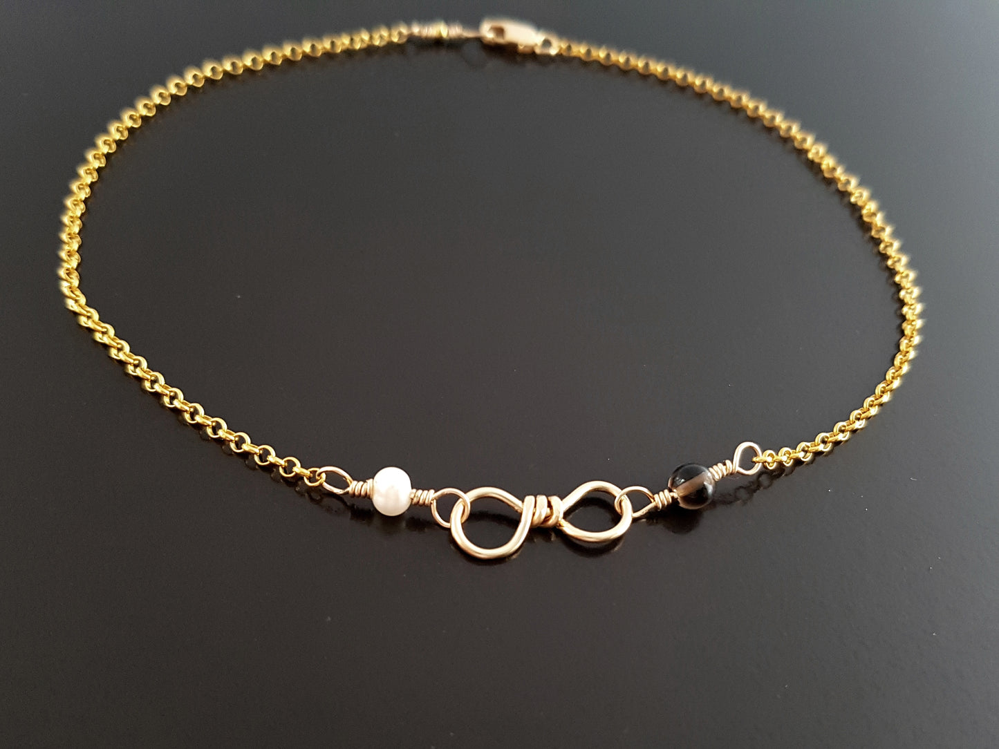 Golden Infinity Birthstone Anklet-Ankle Bracelet, 14k Gold filled Hand Forged Infinity pendant with two Birthstones, attached to rolo chain and fasten with lobster claw clasp. 