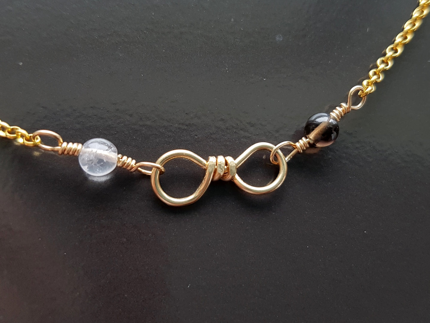 Golden Infinity Birthstone Anklet-Ankle Bracelet, 14k Gold filled Hand Forged Infinity pendant with two Birthstones, attached to rolo chain and fasten with lobster claw clasp. 